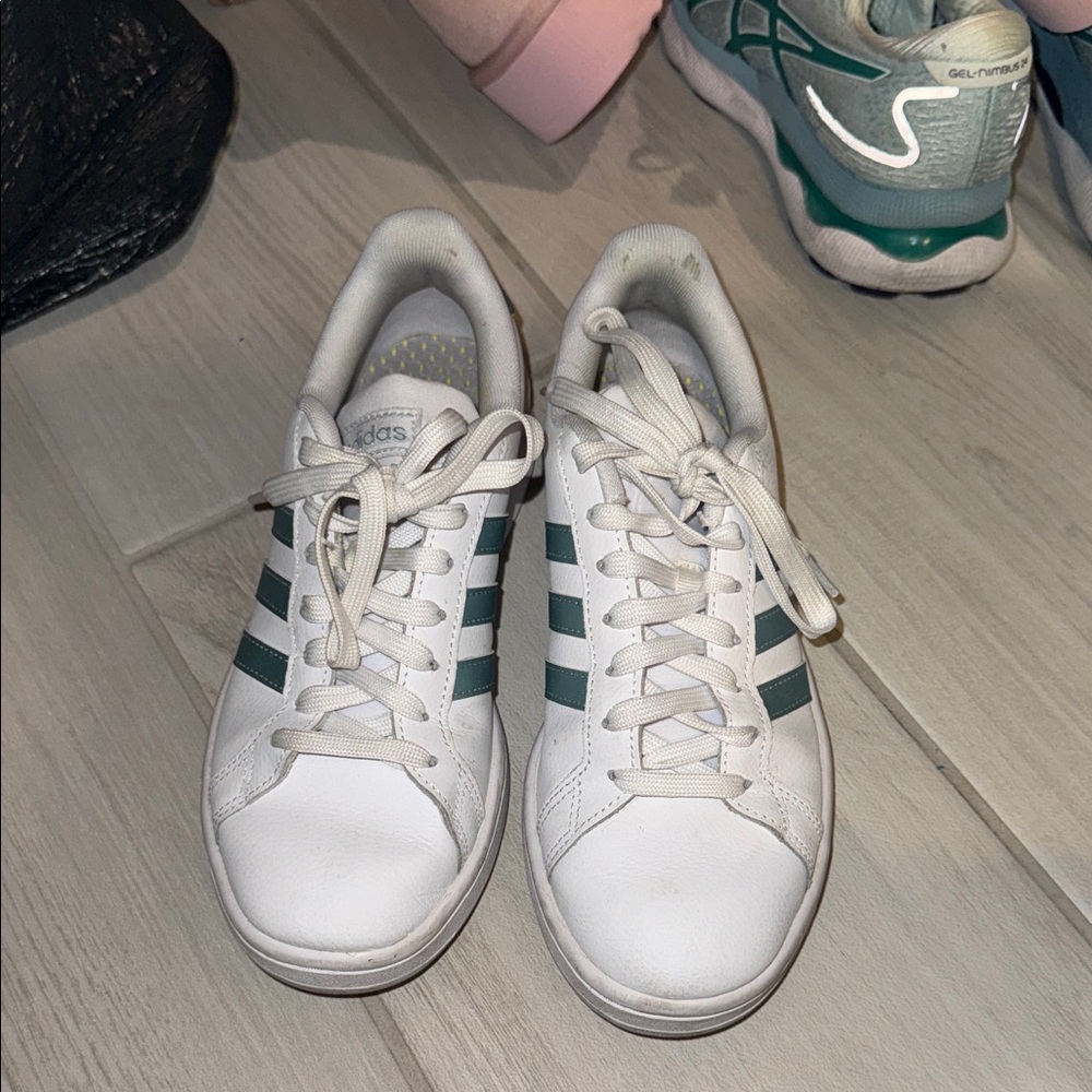 Adidas White Shoes with Dark Green Accents